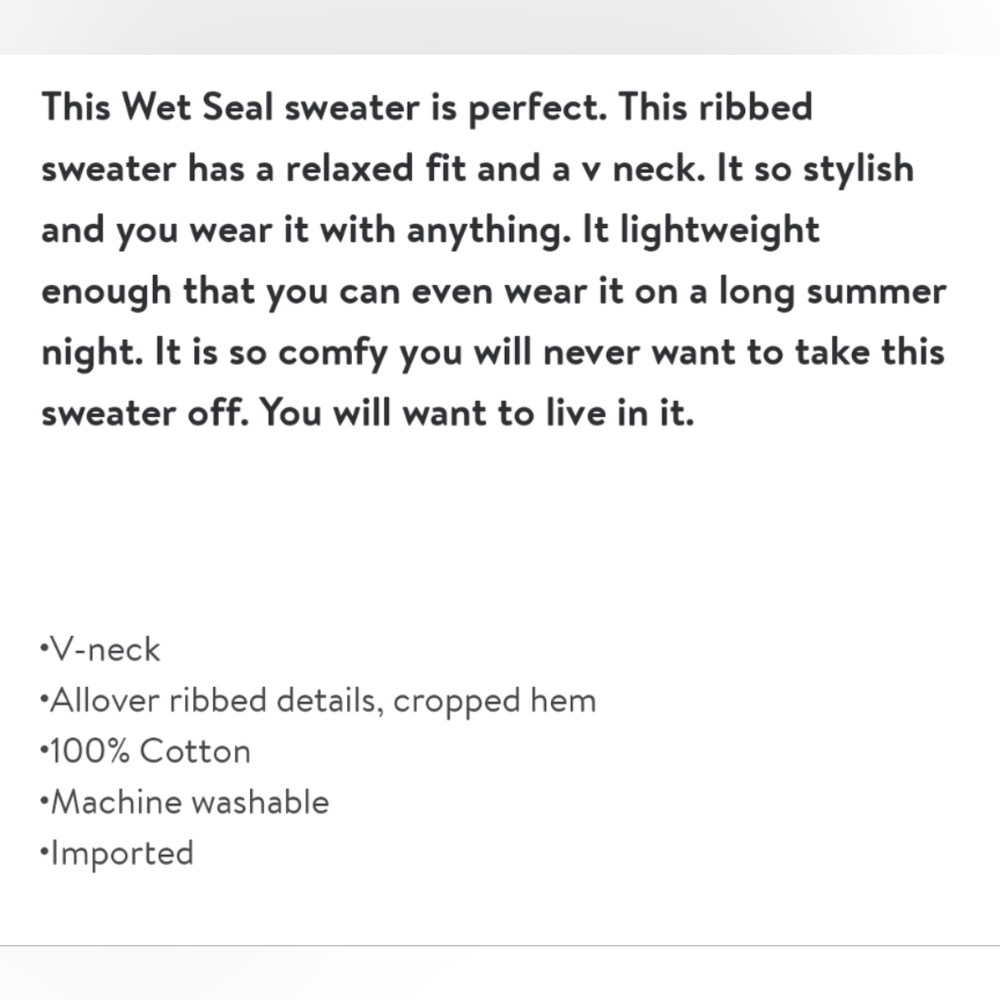 Wet Seal Egret Ribbed Cropped Cotton/Acrylic Blend V-neck Sweater 🔥Host Pick🔥 - Picture 8 of 13